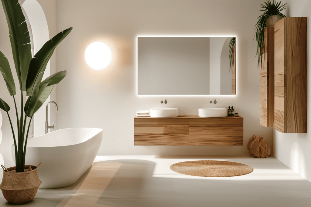 Chất liệu đá tự nhiên kết hợp cùng thiết bị vệ sinh thông minh giúp tăng tính tiện ích và dễ dàng vệ sinh hàng ngày.
