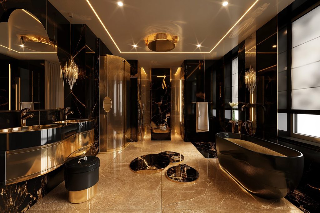 Phòng tắm tại Penthouse Ultra Luxury được thiết kế theo tiêu chuẩn spa cao cấp với bồn tắm đá tự nhiên, hệ thống vòi sen mưa, cùng gương LED cảm ứng hiện đại. 